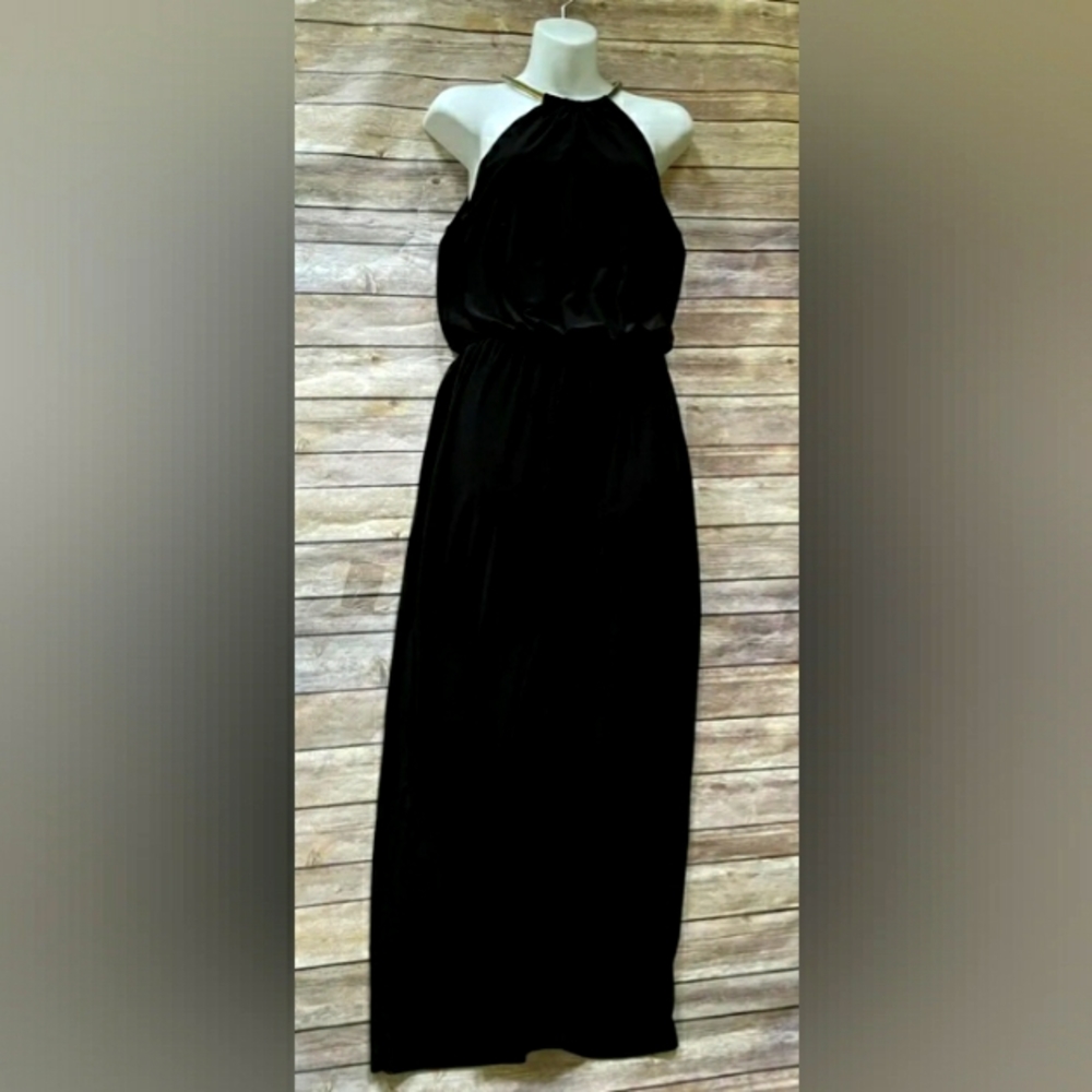 MSK Black Halter Blouson Hardware Maxi Dress Size L w/side split on each side.